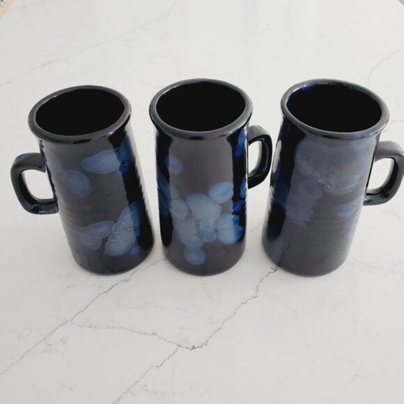 Vintage Handmade Blue Glaze Pottery Set X3 Mugs Farmhouse Boho Stoneware - Picture 2 of 7